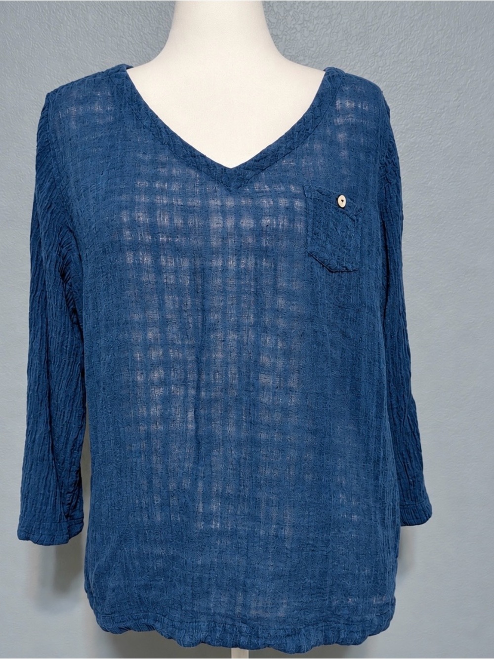 Soft Surroundings Blue Crinkle Gauze Tunic Top 3/4 Sleeve Boho Pocket Medium